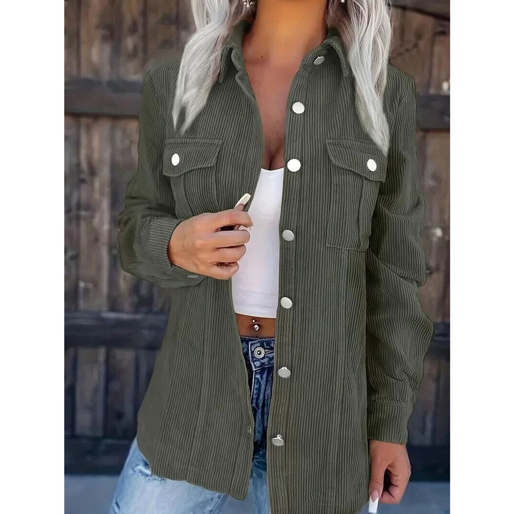NEW Corduroy Shirt Women's XL Army Green Button Down Casual Pockets Oversized